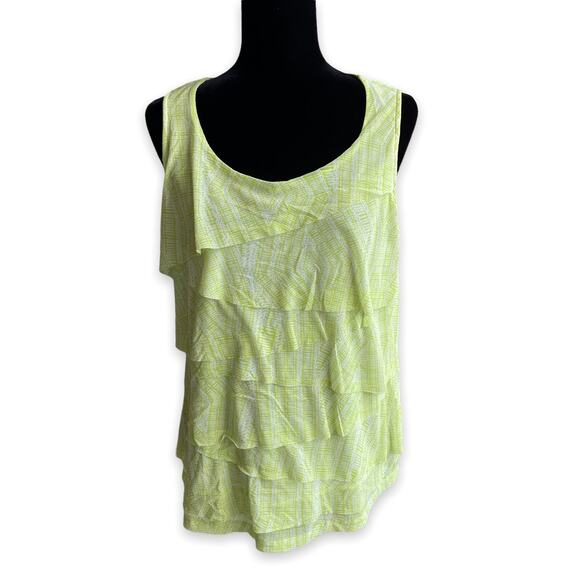 Chico's Womens Tank Top Sz 2 L 12 Lime Green White Tiered Mesh Print Chartreuse - Picture 3 of 8